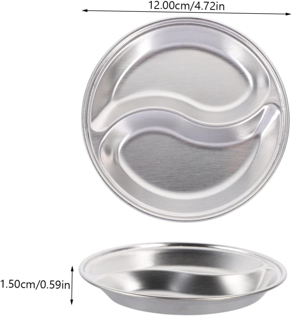 3 Pcs Stainless Steel Double-Grid Sauce Dishes – Round Divided Condiment Plates, Snack Dipping Trays, 12cm