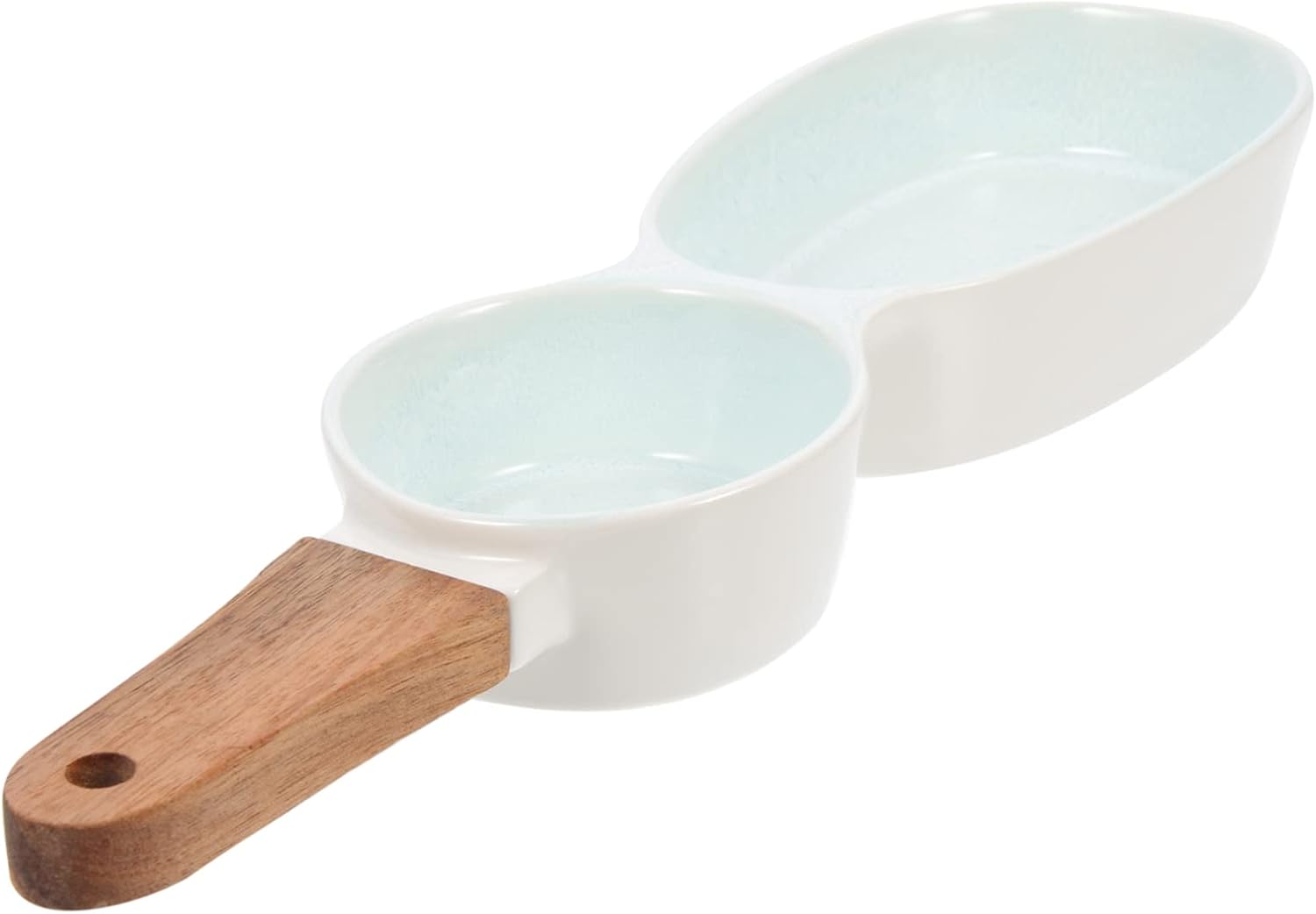 Wooden Handle Double-Grid Sauce Dish – Ceramic Divided Serving Plate, Long Handle Condiment Tray 36cm