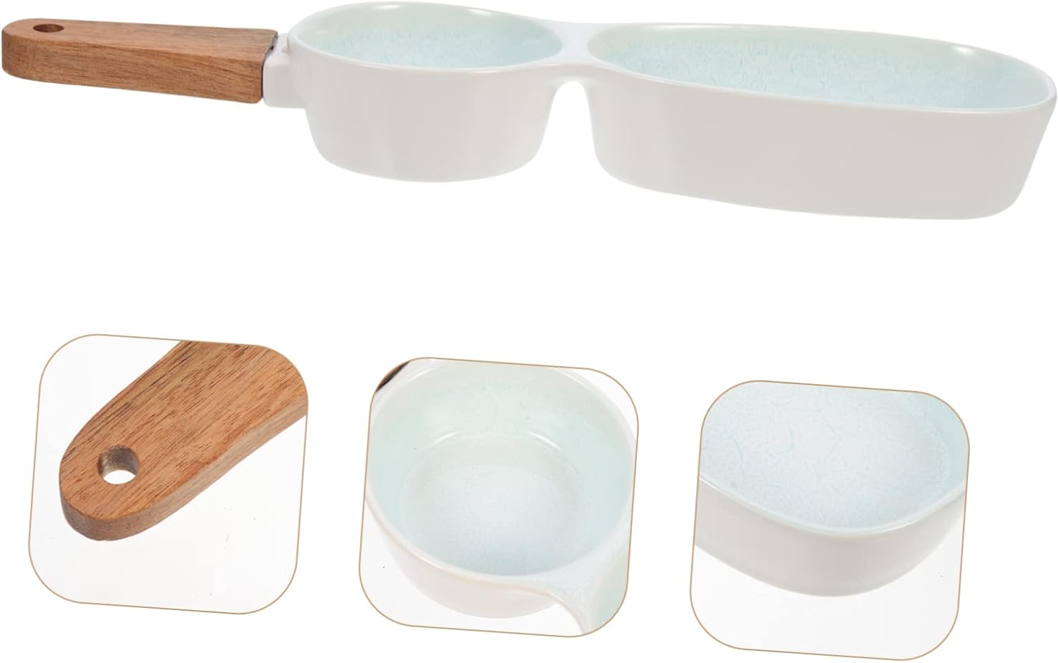 Wooden Handle Double-Grid Sauce Dish – Ceramic Divided Serving Plate, Long Handle Condiment Tray 36cm