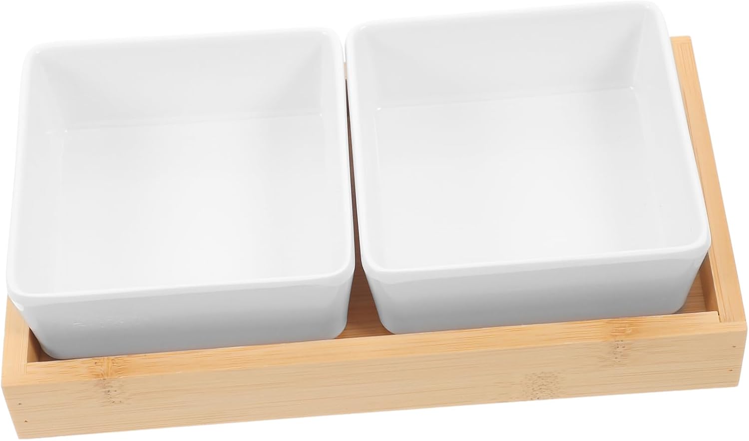 Ceramic Double-Grid Sauce Dish Set with Bamboo Tray – Divided Serving Bowls for Condiments, Snacks, and Dips