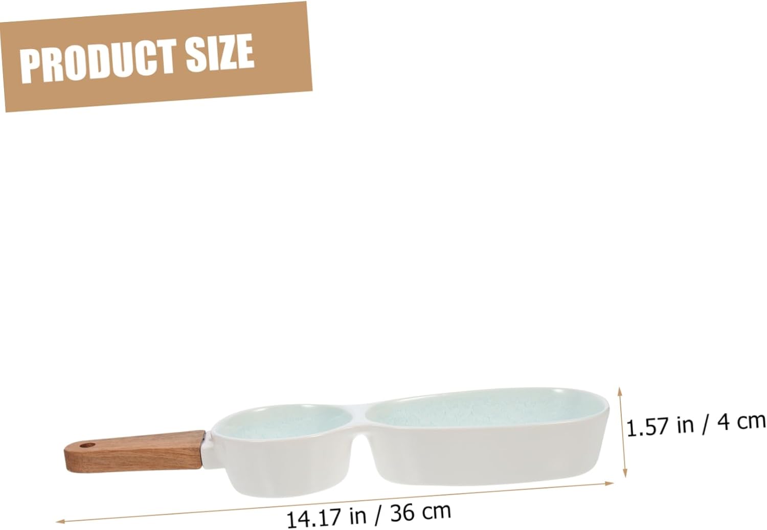 Wooden Handle Double-Grid Sauce Dish – Ceramic Divided Serving Plate, Long Handle Condiment Tray 36cm