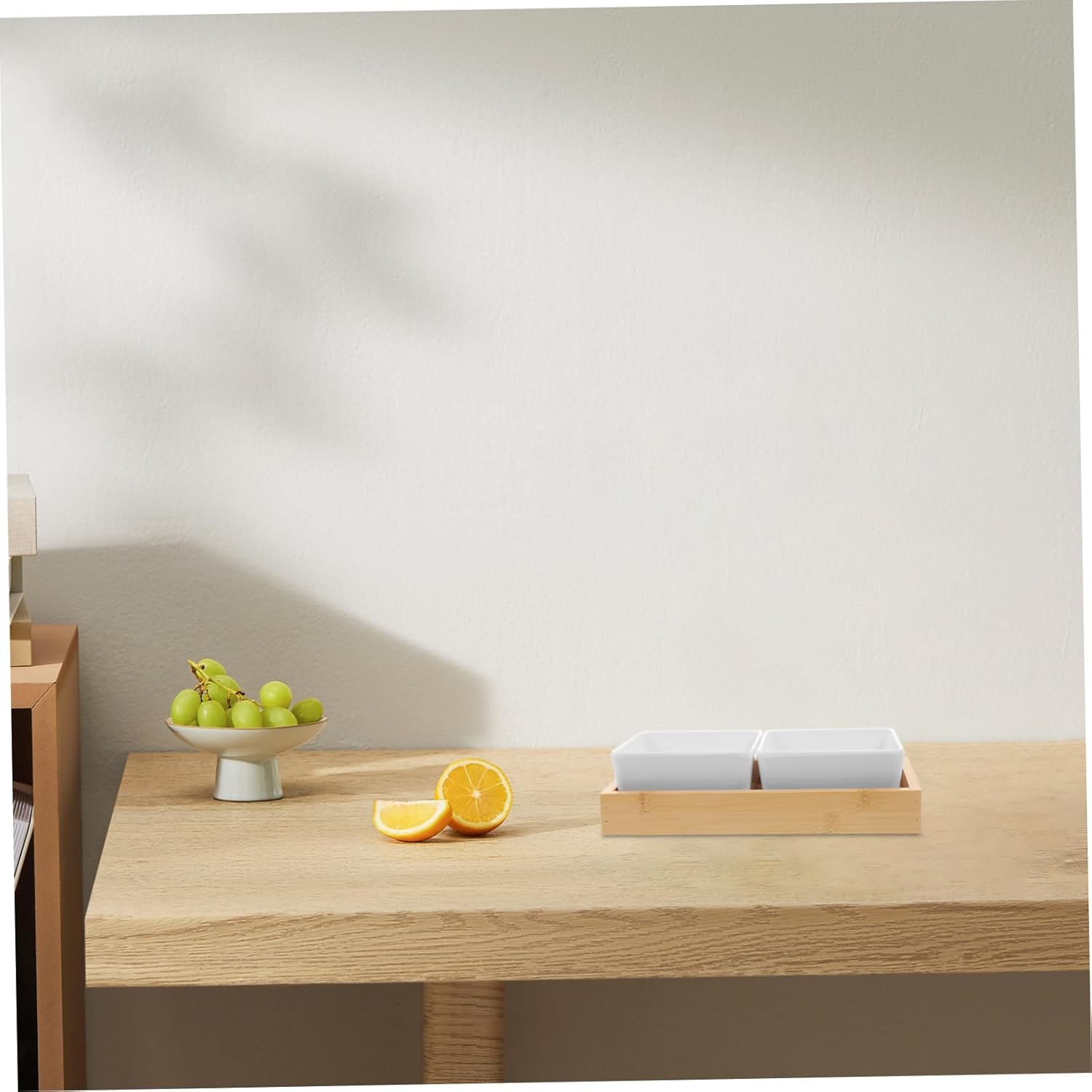 Ceramic Double-Grid Sauce Dish Set with Bamboo Tray – Divided Serving Bowls for Condiments, Snacks, and Dips