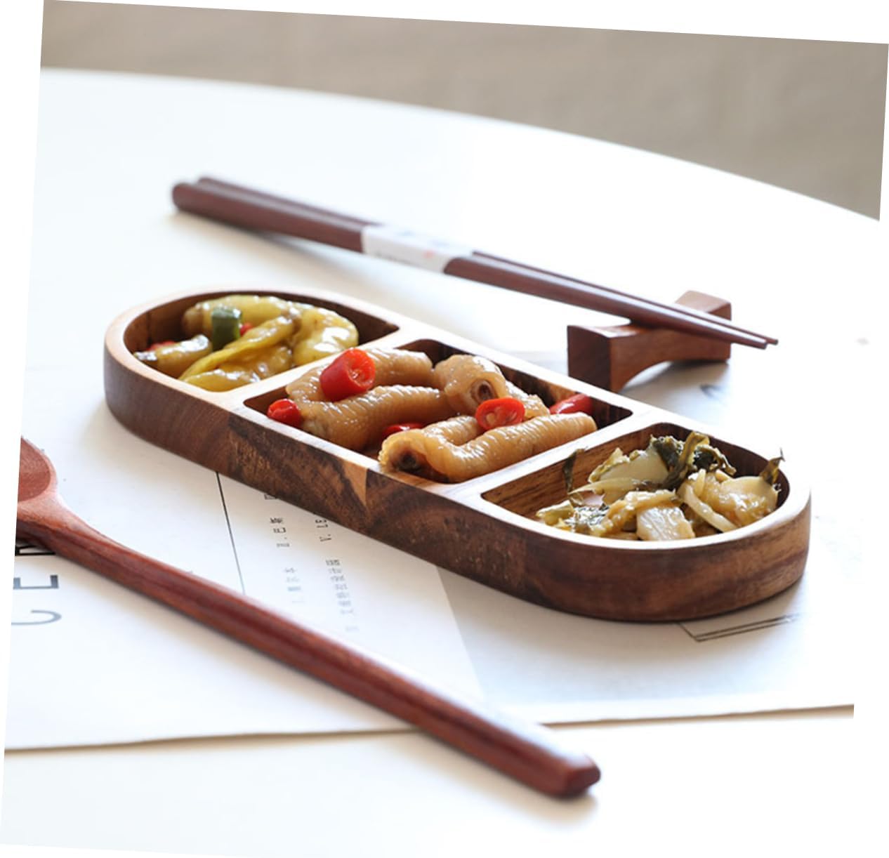 Wooden 3-Compartment Serving Tray – Rectangular Snack Plate, Divided Condiment and Appetizer Dish 20.5×7.5cm