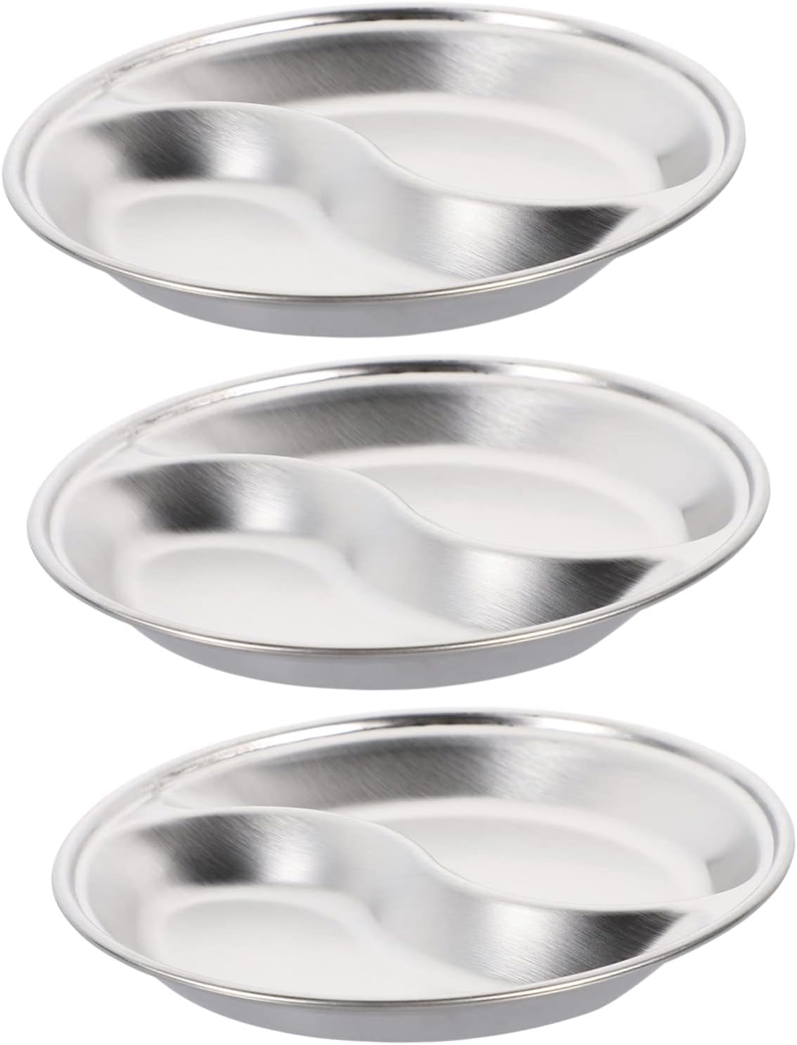 3 Pcs Stainless Steel Double-Grid Sauce Dishes – Round Divided Condiment Plates, Snack Dipping Trays, 12cm