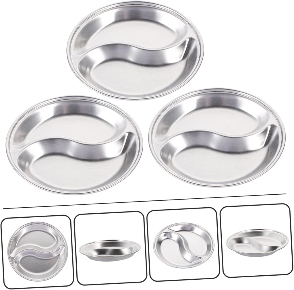 3 Pcs Stainless Steel Double-Grid Sauce Dishes – Round Divided Condiment Plates, Snack Dipping Trays, 12cm