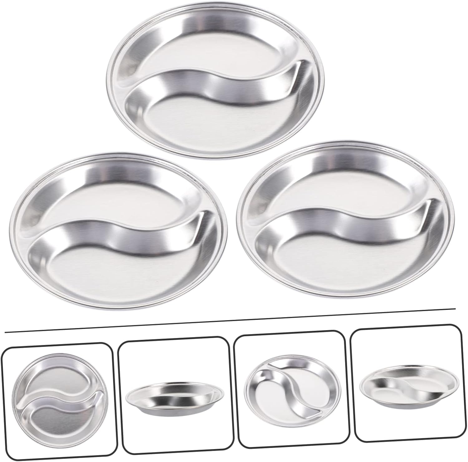 3 Pcs Stainless Steel Double-Grid Sauce Dishes – Round Divided Condiment Plates, Snack Dipping Trays, 12cm