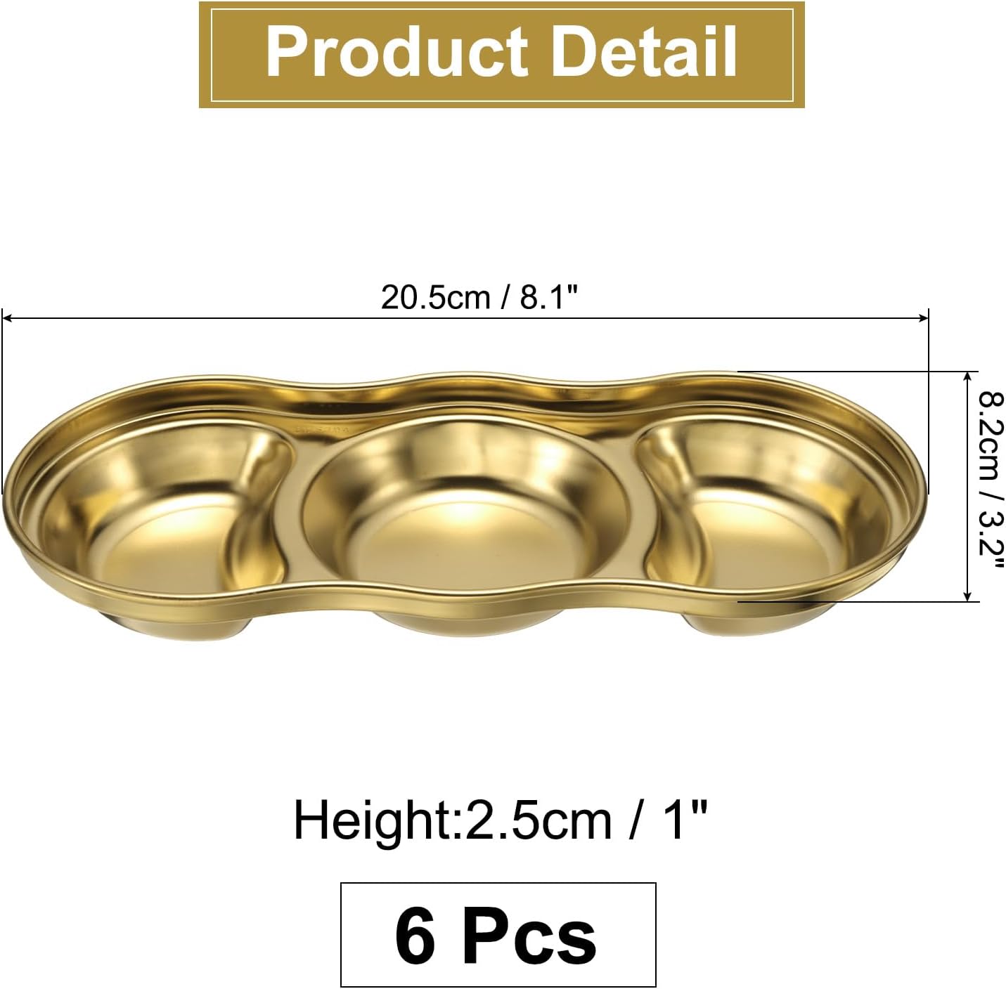 6 Pcs Gold Stainless Steel 3-Compartment Serving Tray – Divided Condiment Dish, Snack and Appetizer Plate 20.5×8.2cm