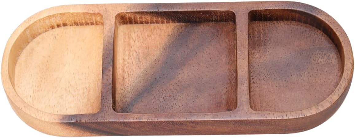 Wooden 3-Compartment Serving Tray – Rectangular Snack Plate, Divided Condiment and Appetizer Dish 20.5×7.5cm