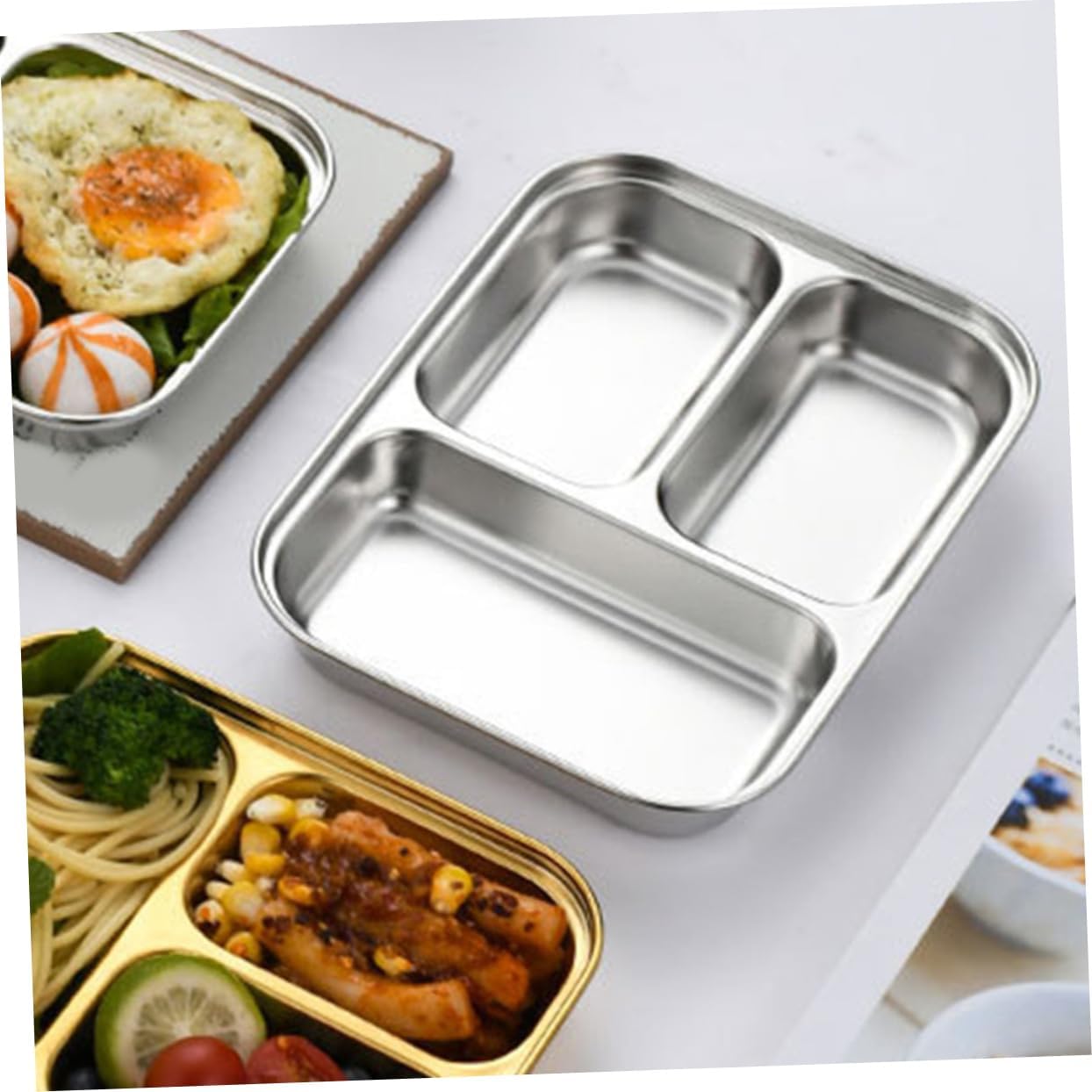 Stainless Steel 3-Compartment Food Tray – Divided Lunch Plate for Kids, Students, and Office Meals 16.3×12.3cm