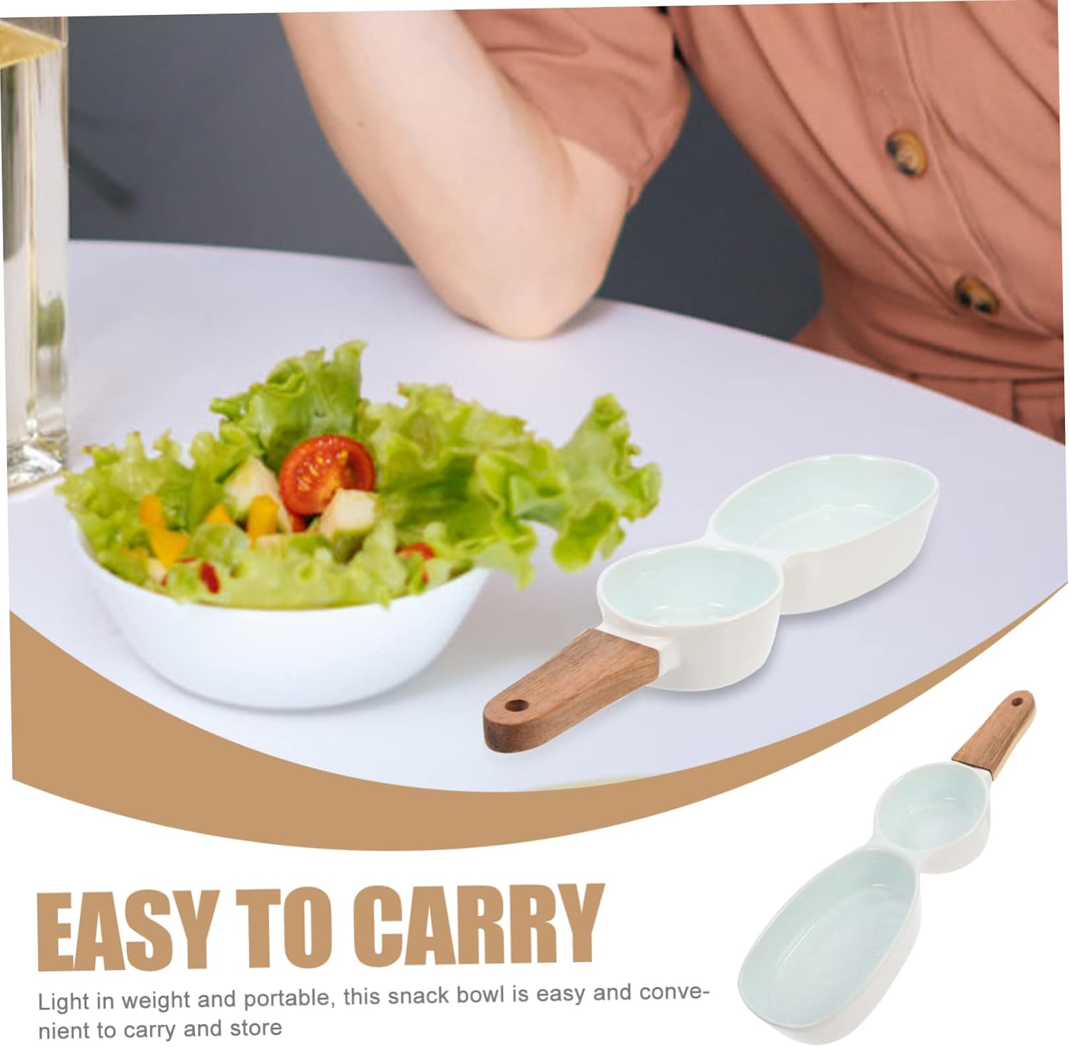 Wooden Handle Double-Grid Sauce Dish – Ceramic Divided Serving Plate, Long Handle Condiment Tray 36cm