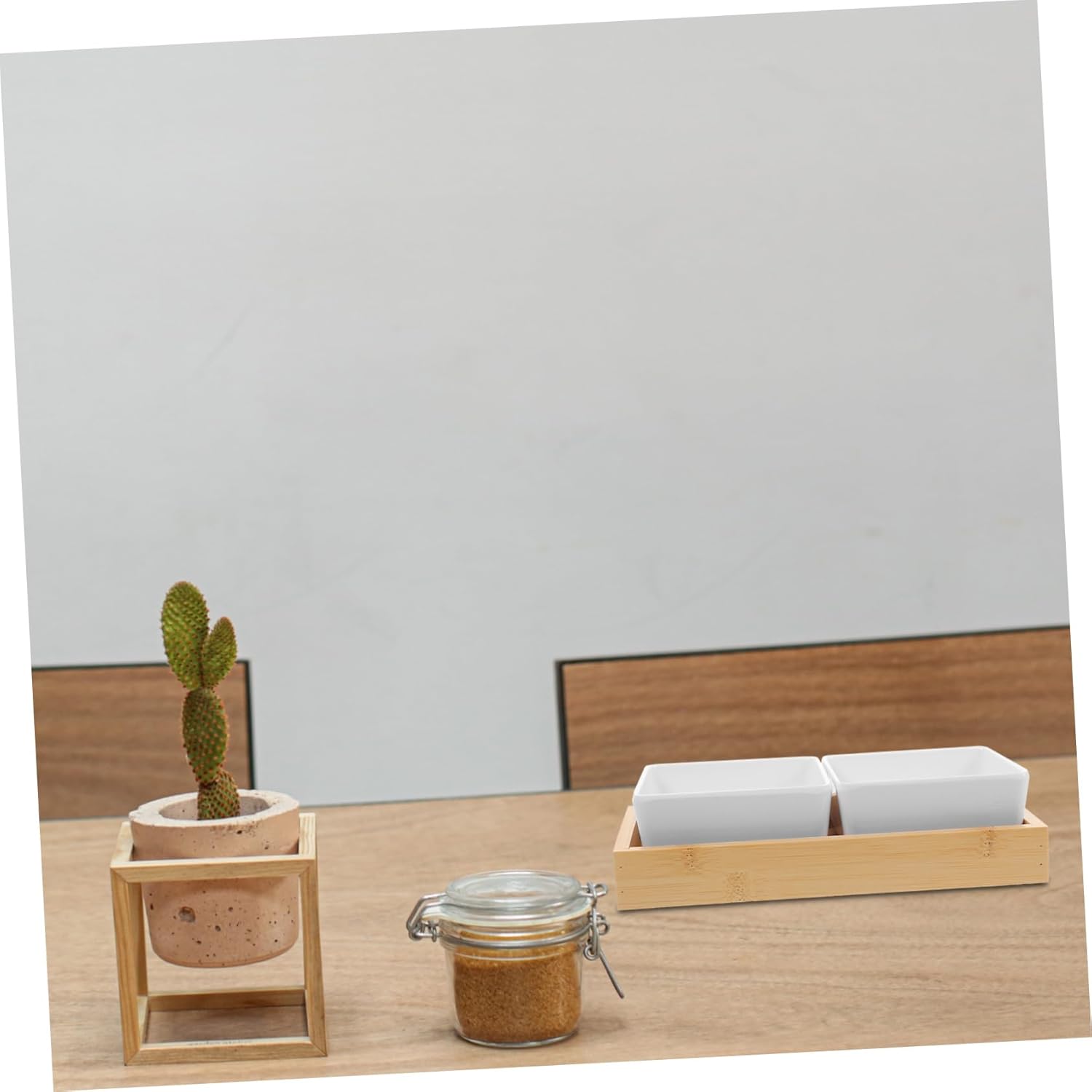 Ceramic Double-Grid Sauce Dish Set with Bamboo Tray – Divided Serving Bowls for Condiments, Snacks, and Dips