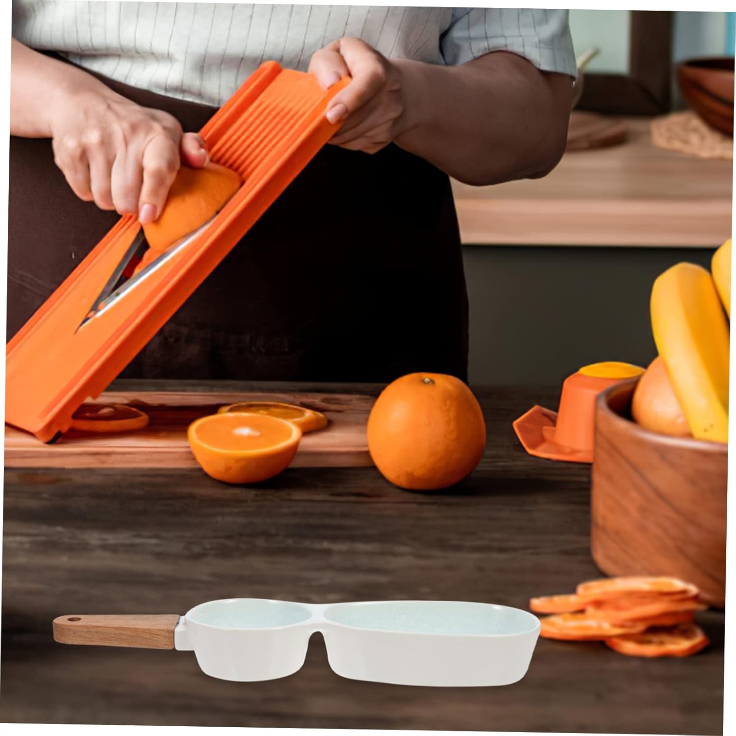 Wooden Handle Double-Grid Sauce Dish – Ceramic Divided Serving Plate, Long Handle Condiment Tray 36cm