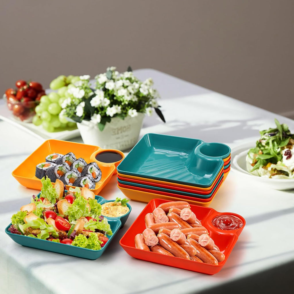 Ceramic Square Divided Plate with Built-in Dipping Bowl · 12 Pcs Random Colors