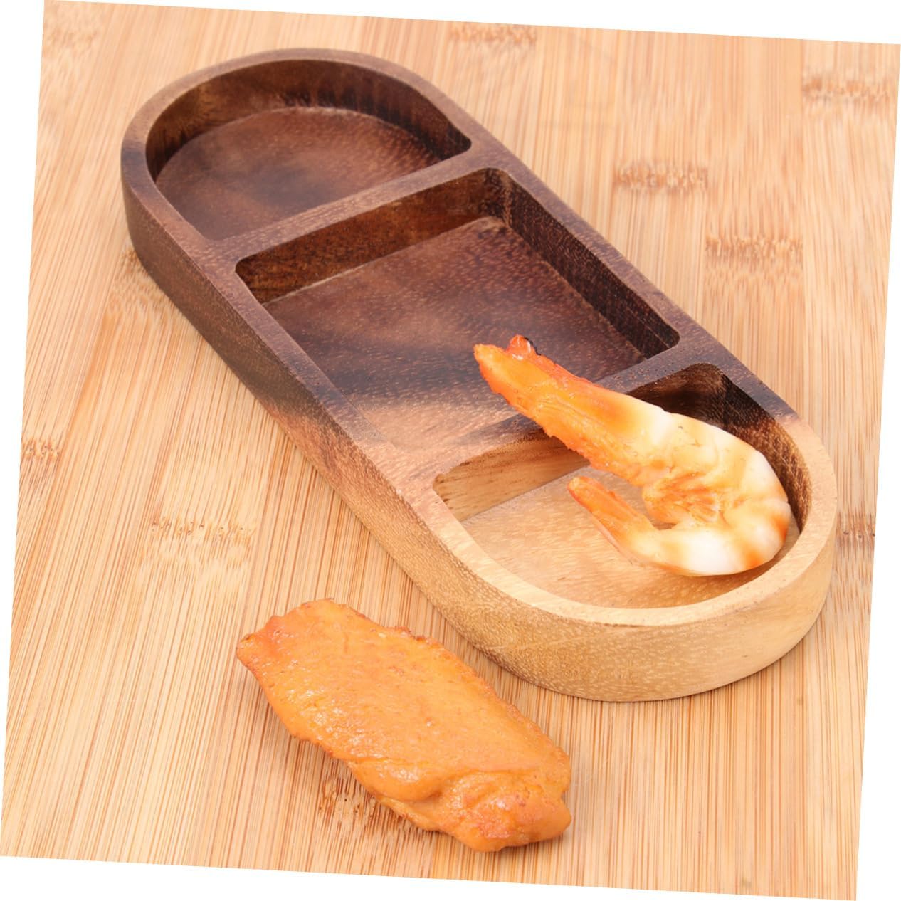Wooden 3-Compartment Serving Tray – Rectangular Snack Plate, Divided Condiment and Appetizer Dish 20.5×7.5cm