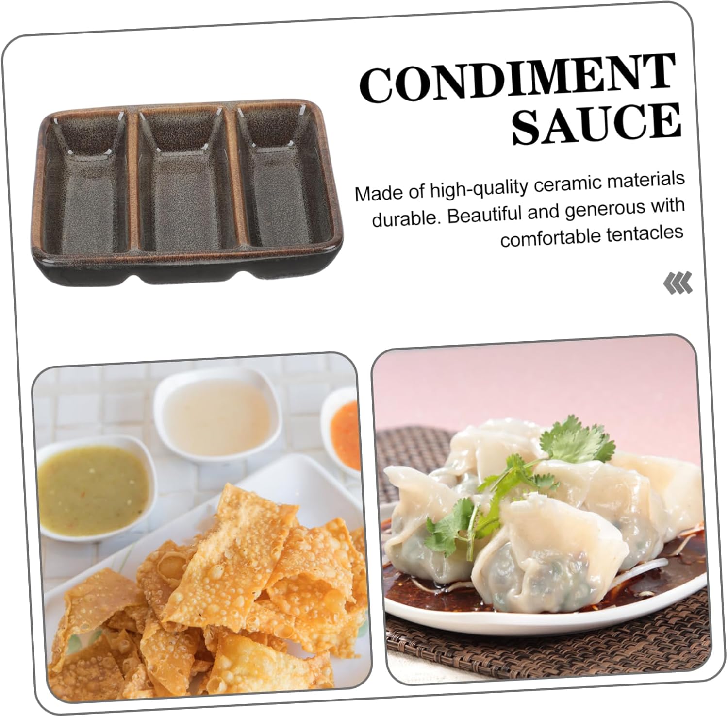 Ceramic 3-Compartment Sauce Dish – Rectangular Divided Condiment Plate for Dips, Appetizers, and Snacks