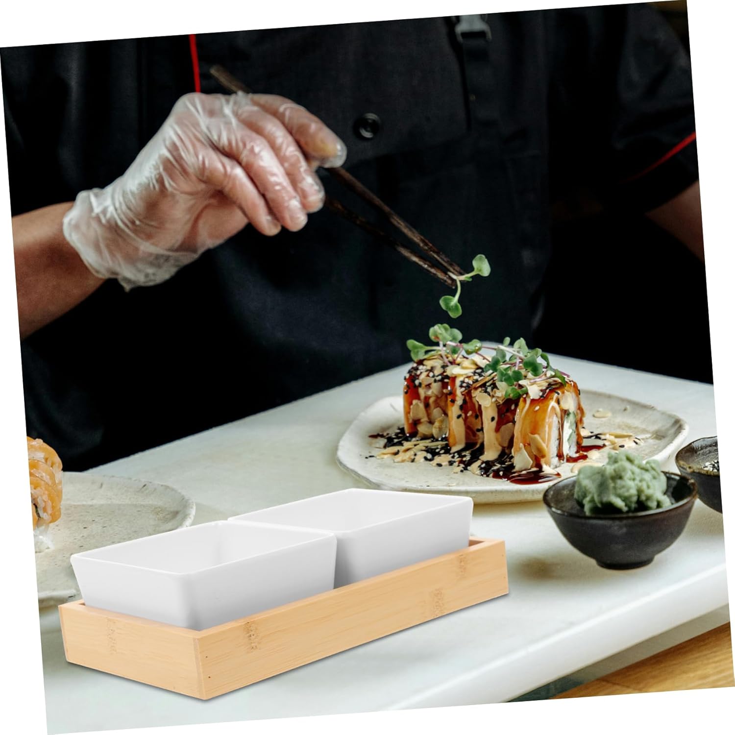 Ceramic Double-Grid Sauce Dish Set with Bamboo Tray – Divided Serving Bowls for Condiments, Snacks, and Dips