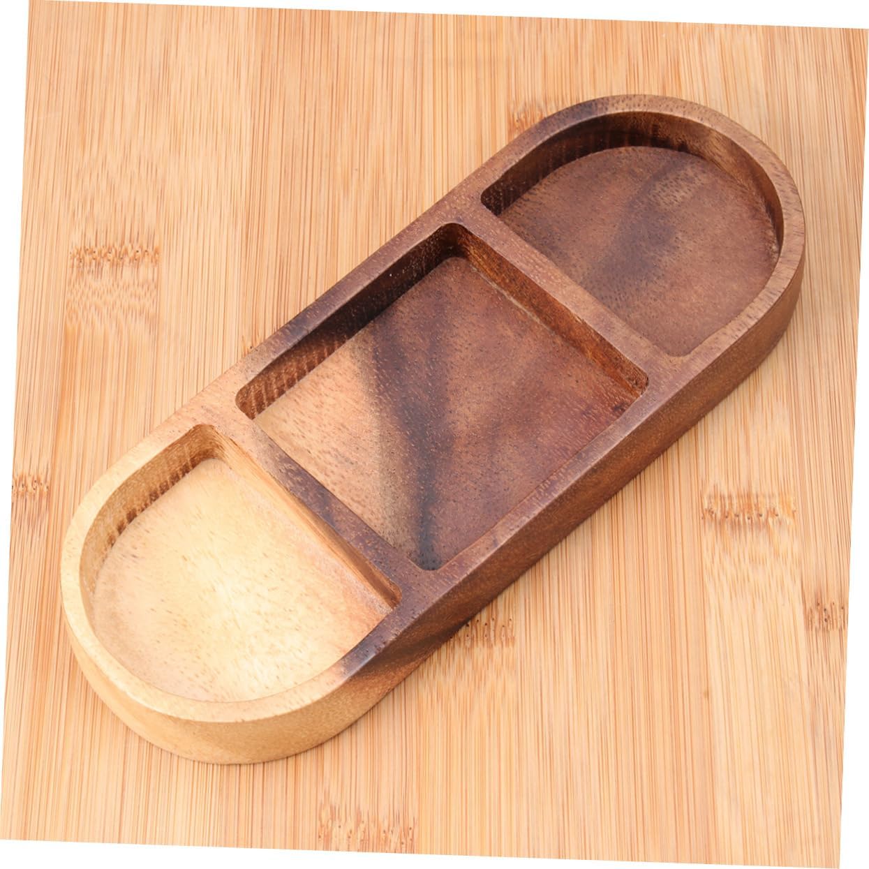 Wooden 3-Compartment Serving Tray – Rectangular Snack Plate, Divided Condiment and Appetizer Dish 20.5×7.5cm