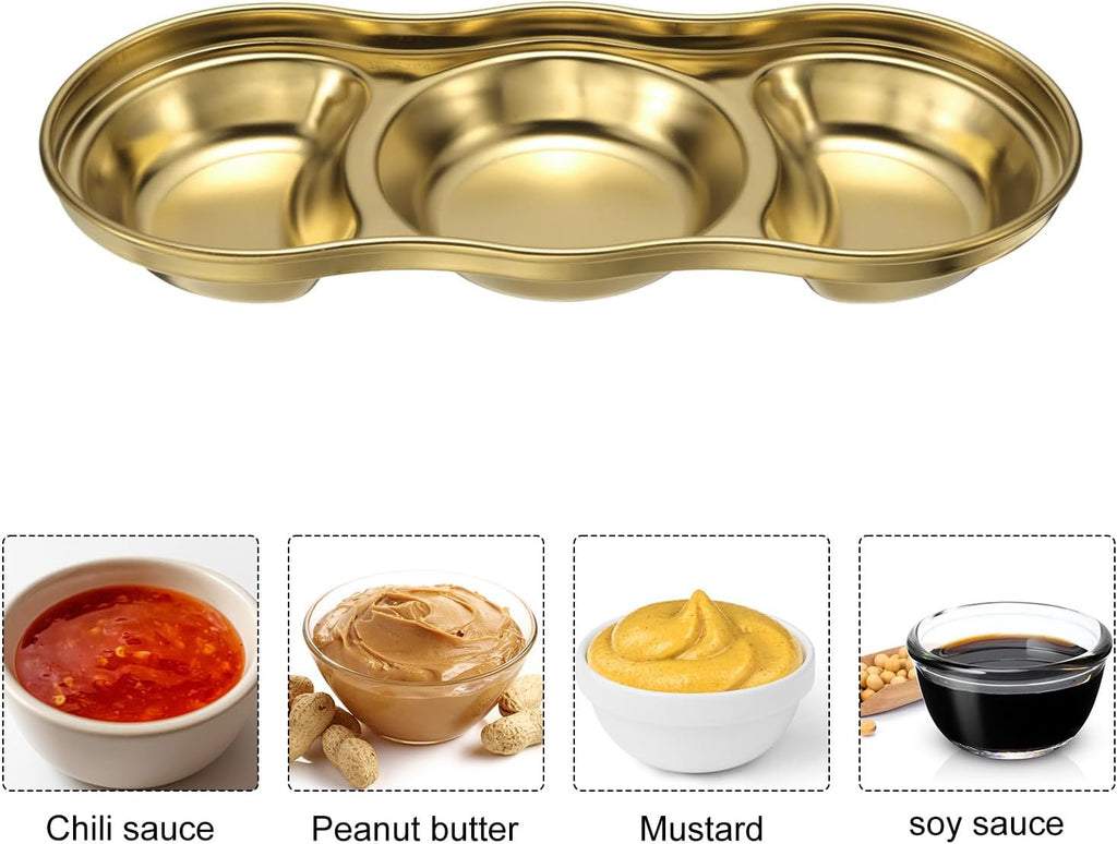 6 Pcs Gold Stainless Steel 3-Compartment Serving Tray – Divided Condiment Dish, Snack and Appetizer Plate 20.5×8.2cm