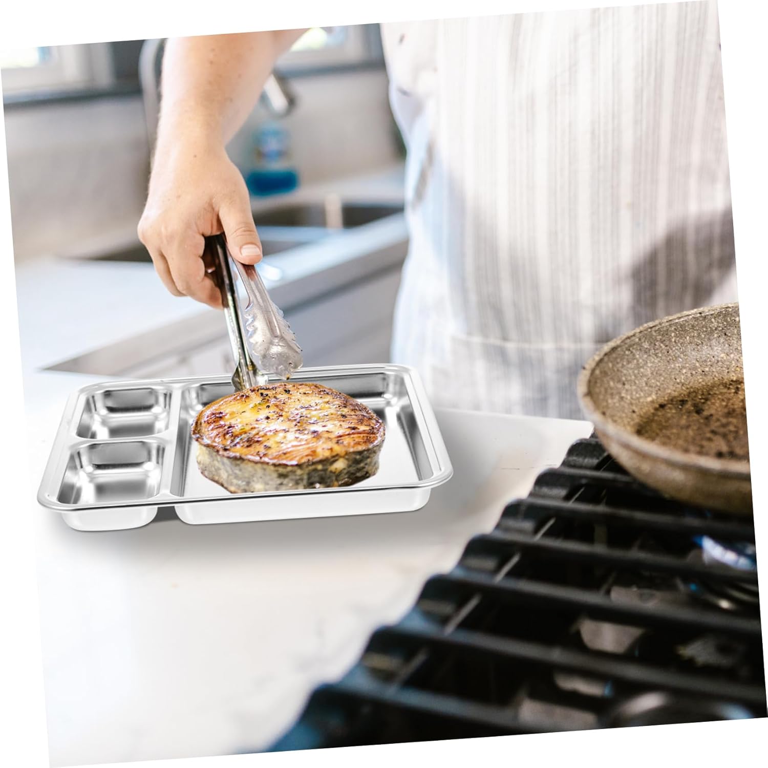 Stainless Steel 4-Compartment Square Dinner Plate · Divided Food Tray