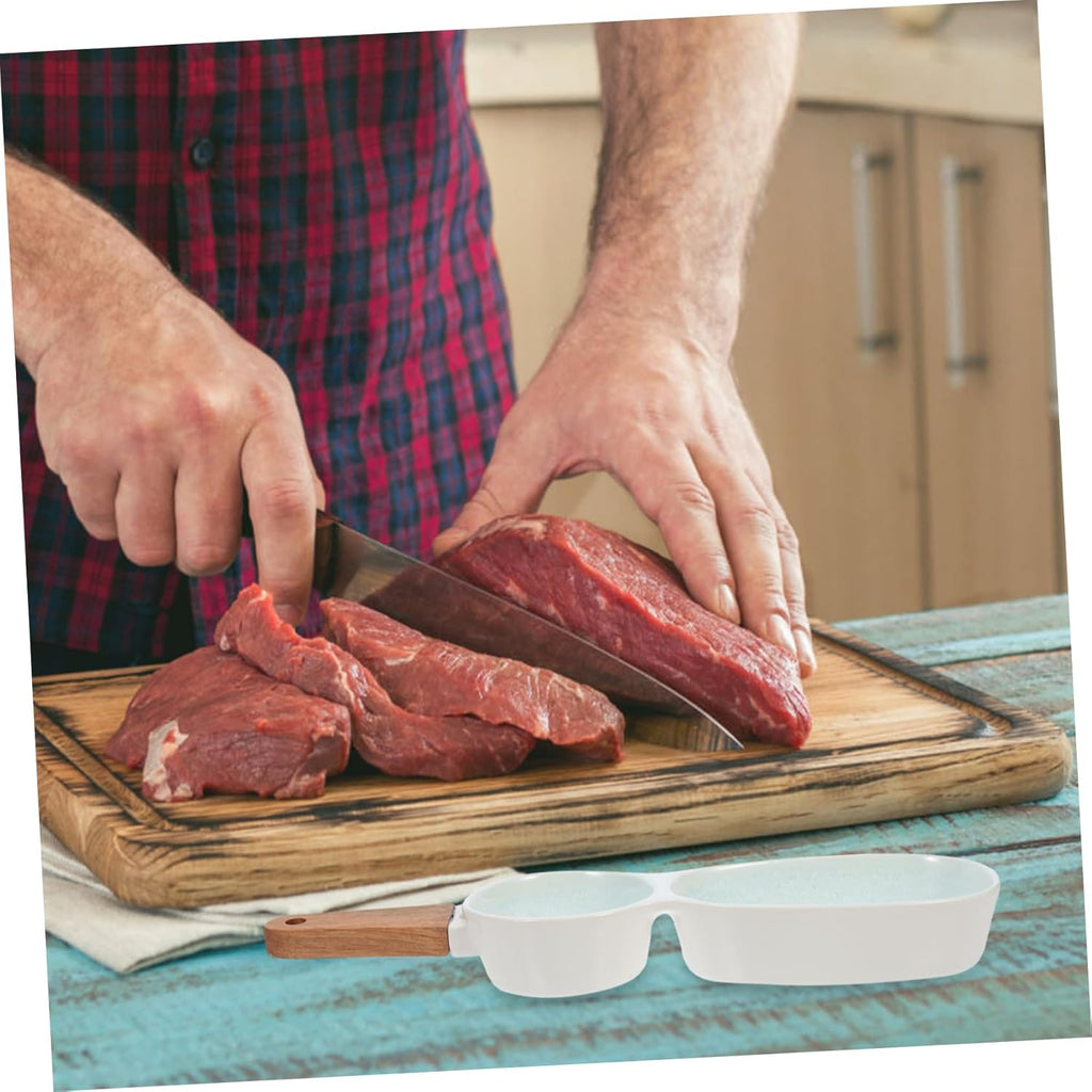 Wooden Handle Double-Grid Sauce Dish – Ceramic Divided Serving Plate, Long Handle Condiment Tray 36cm