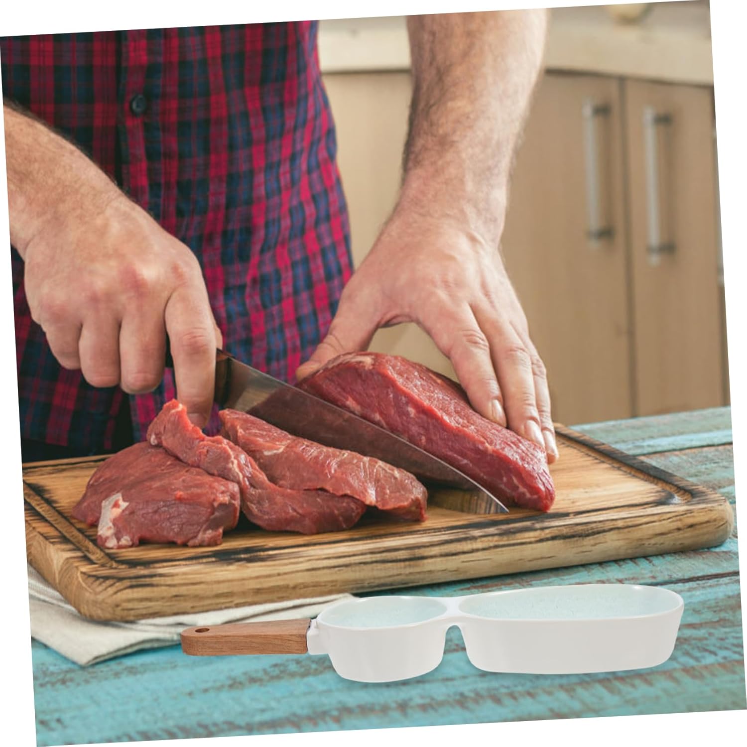 Wooden Handle Double-Grid Sauce Dish – Ceramic Divided Serving Plate, Long Handle Condiment Tray 36cm