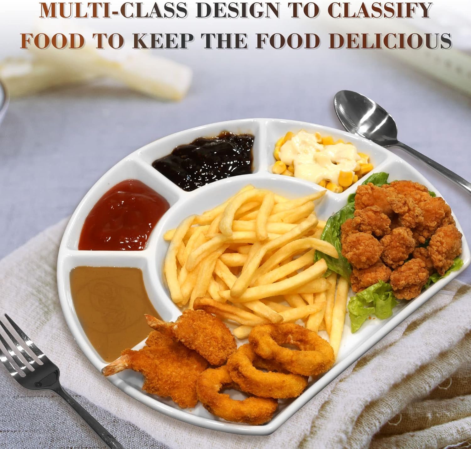 Ceramic Semi-Round Divided Dinner Plate · 1 Large Compartment + 4 Small Compartments · Multi-Purpose Serving Dish