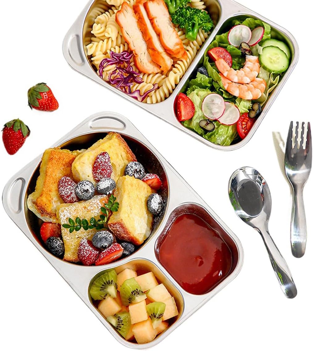 Stainless Steel 3-Compartment Food Tray – Divided Dinner Plate for Kids, School, Canteen, and Outdoor Use 20.7×14.6cm