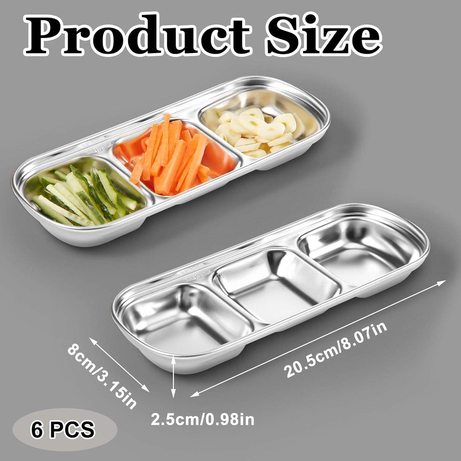 Stainless Steel Divided Sauce Dish · 3-Compartment Tray · 6 Pcs Set · For Dipping, Condiments & Snack