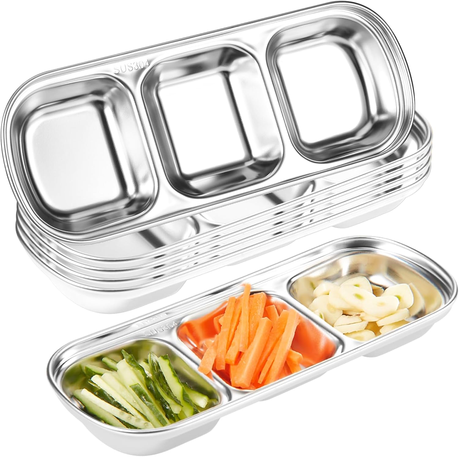 Stainless Steel Divided Sauce Dish · 3-Compartment Tray · 6 Pcs Set · For Dipping, Condiments & Snack