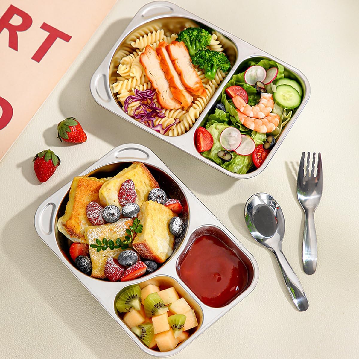 Stainless Steel 3-Compartment Food Tray – Divided Dinner Plate for Kids, School, Canteen, and Outdoor Use 20.7×14.6cm