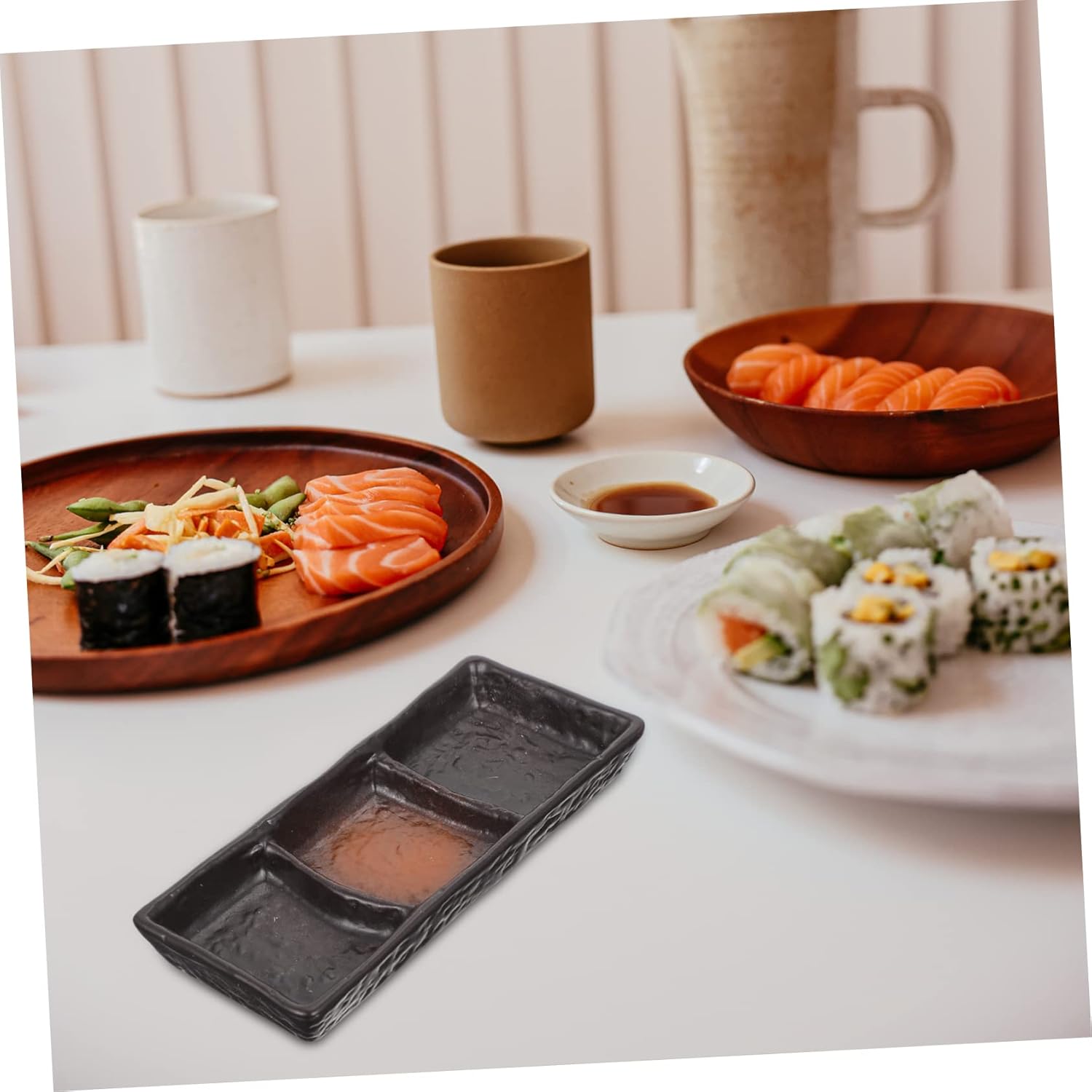 Ceramic 3-Compartment Sauce Dish – Rectangular Divided Serving Plate for Condiments, Snacks, and Appetizers 20.5×8cm