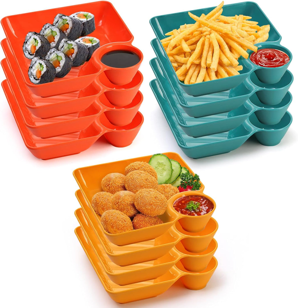 Ceramic Square Divided Plate with Built-in Dipping Bowl · 12 Pcs Random Colors