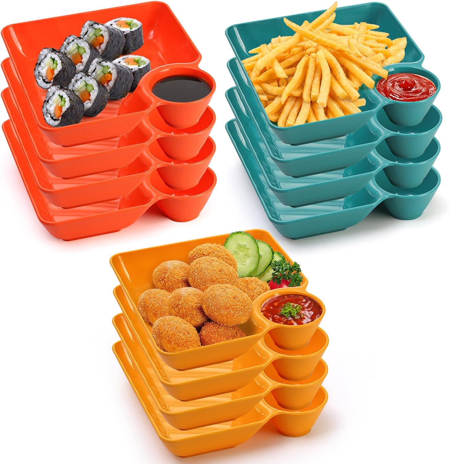 Ceramic Square Divided Plate with Built-in Dipping Bowl · 12 Pcs Random Colors