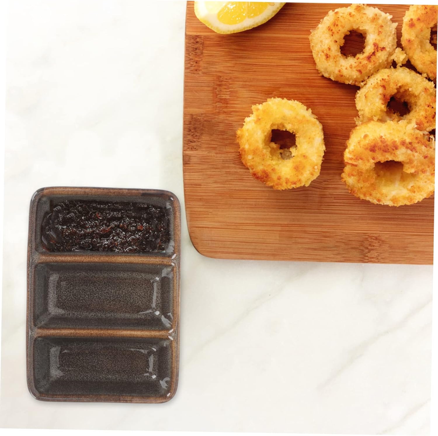 Ceramic 3-Compartment Sauce Dish – Rectangular Divided Condiment Plate for Dips, Appetizers, and Snacks