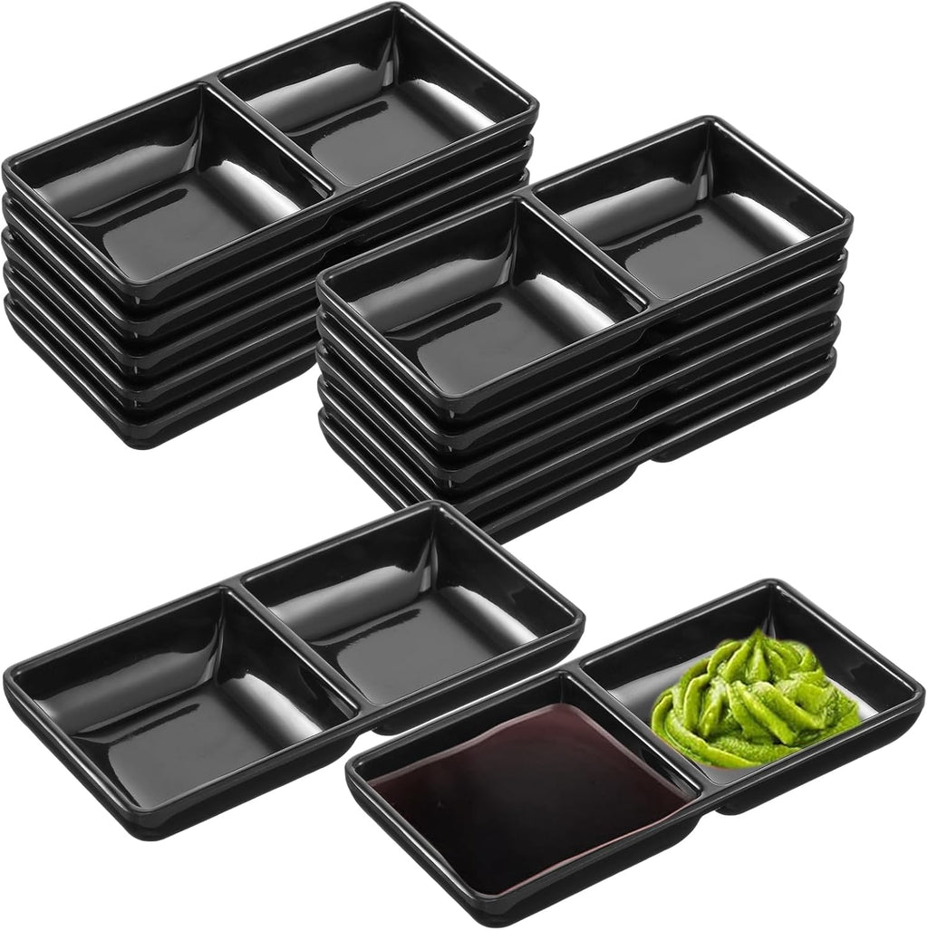 12 Pcs Black Double-Grid Sauce Dishes – Multipurpose Condiment Plates, Snack Divided Trays