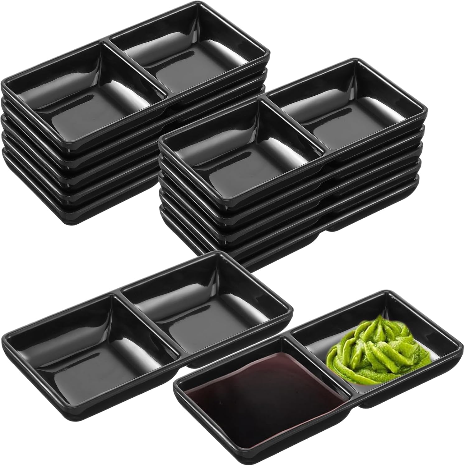 12 Pcs Black Double-Grid Sauce Dishes – Multipurpose Condiment Plates, Snack Divided Trays