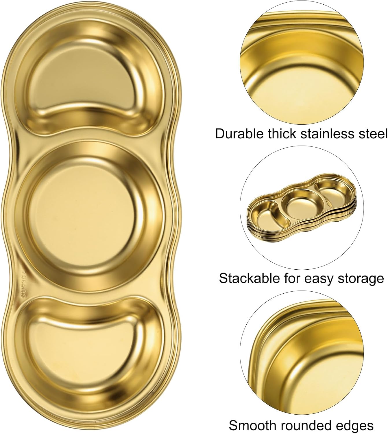 6 Pcs Gold Stainless Steel 3-Compartment Serving Tray – Divided Condiment Dish, Snack and Appetizer Plate 20.5×8.2cm