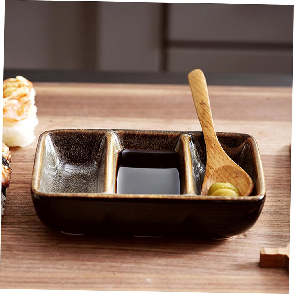 Ceramic 3-Compartment Sauce Dish – Rectangular Divided Condiment Plate for Dips, Appetizers, and Snacks