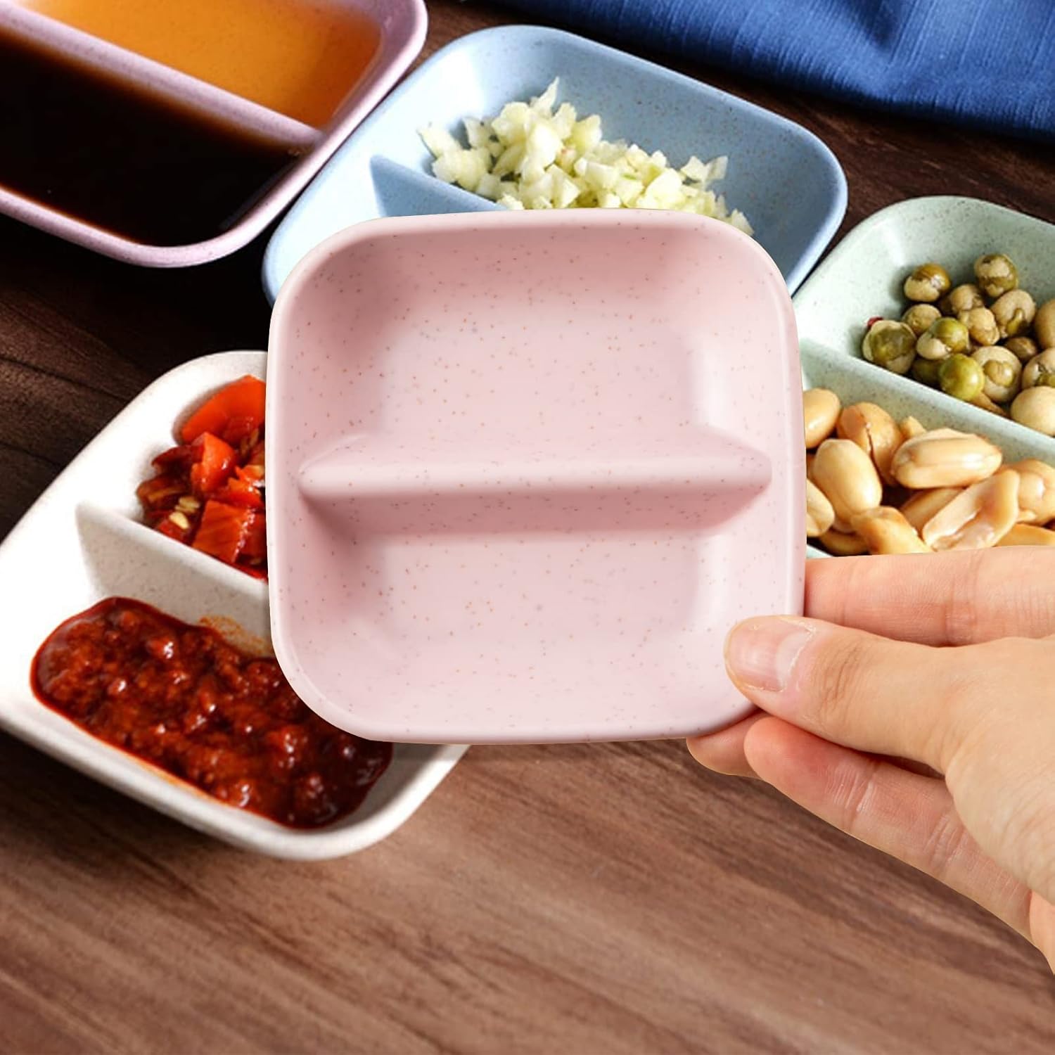 Colorful Divided Plates · Square 2-Compartment Design · 8 Pcs Set · Compact & Multi-Purpose