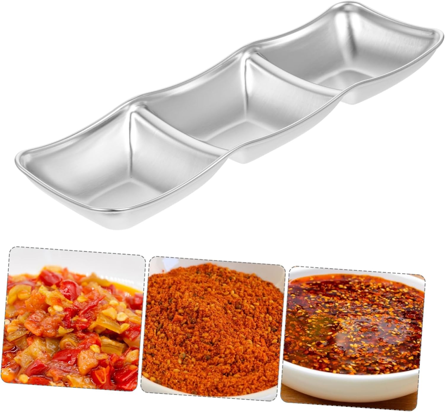 Stainless Steel 3-Compartment Sauce Dish · Rectangular Divided Condiment Tray