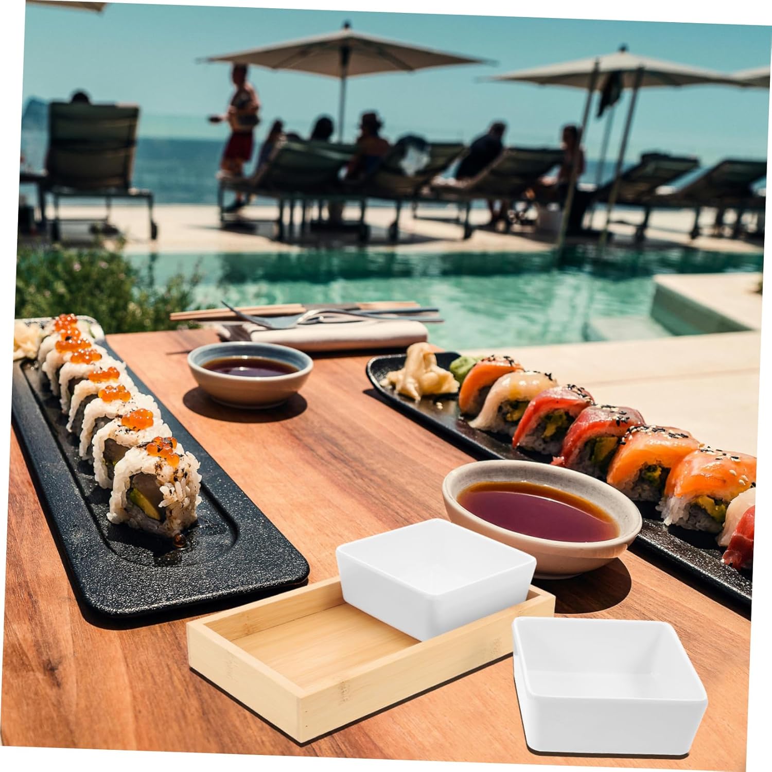 Ceramic Double-Grid Sauce Dish Set with Bamboo Tray – Divided Serving Bowls for Condiments, Snacks, and Dips