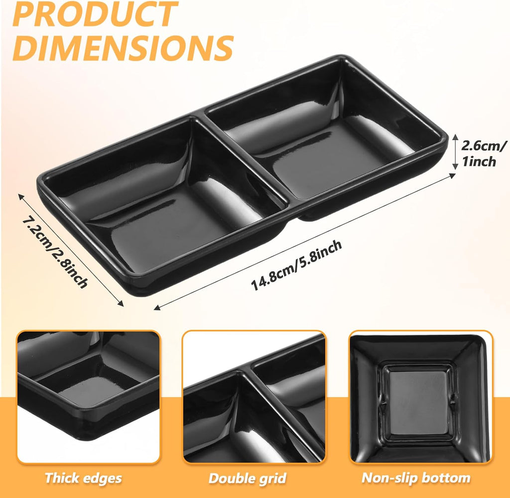 12 Pcs Black Double-Grid Sauce Dishes – Multipurpose Condiment Plates, Snack Divided Trays