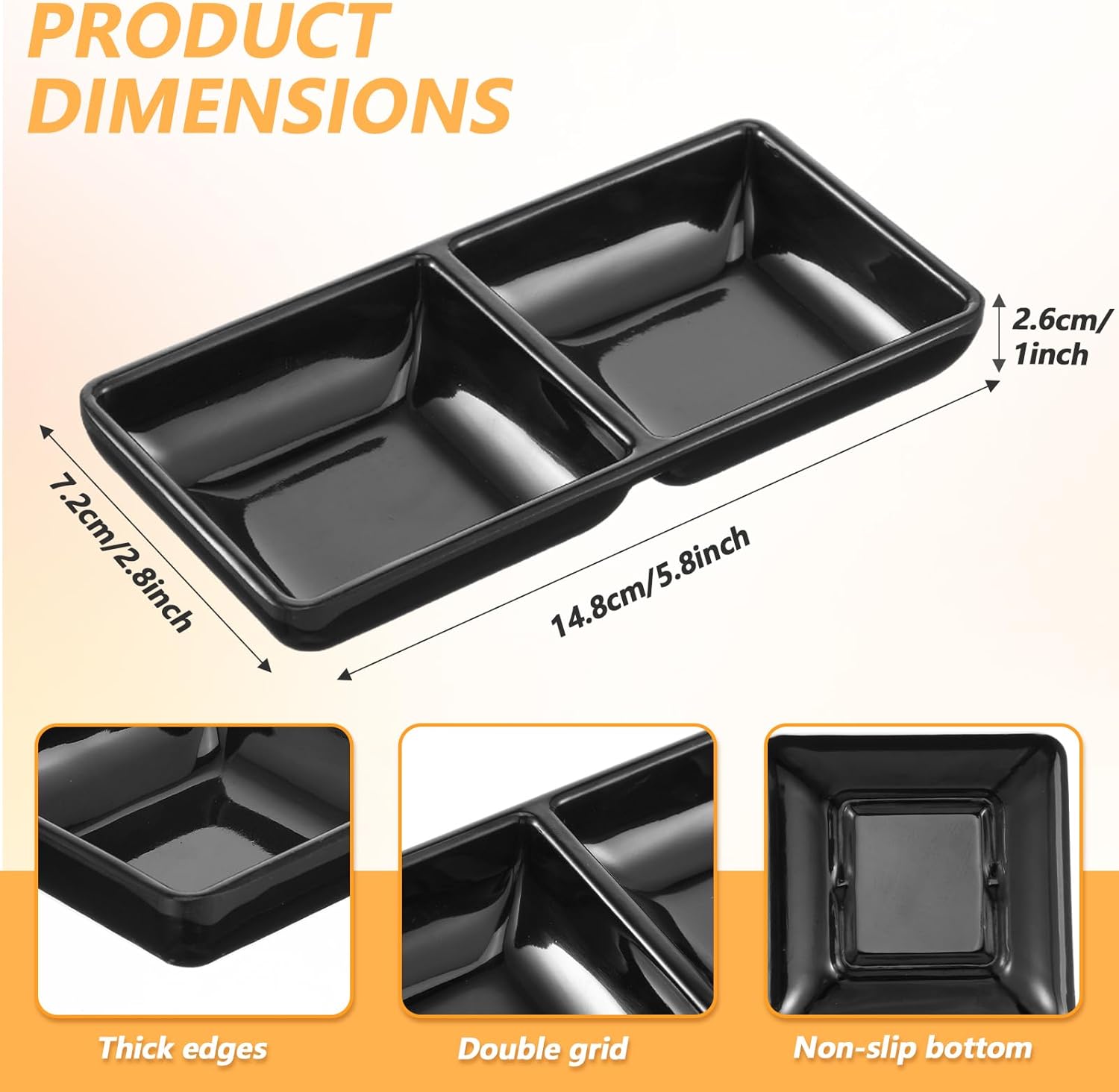 12 Pcs Black Double-Grid Sauce Dishes – Multipurpose Condiment Plates, Snack Divided Trays