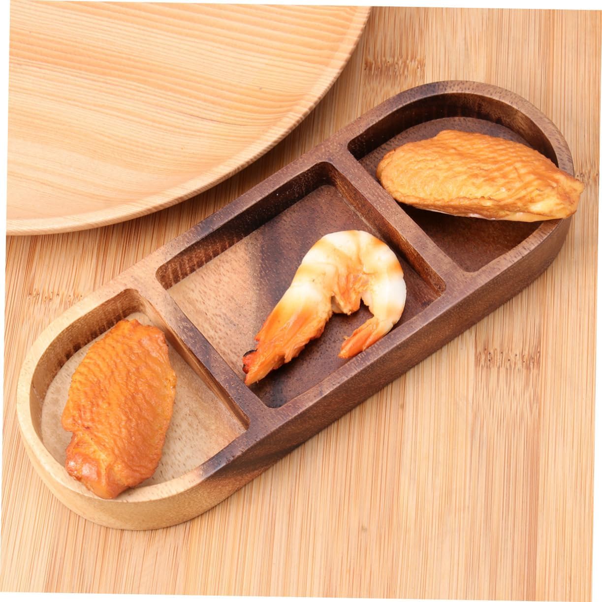 Wooden 3-Compartment Serving Tray – Rectangular Snack Plate, Divided Condiment and Appetizer Dish 20.5×7.5cm