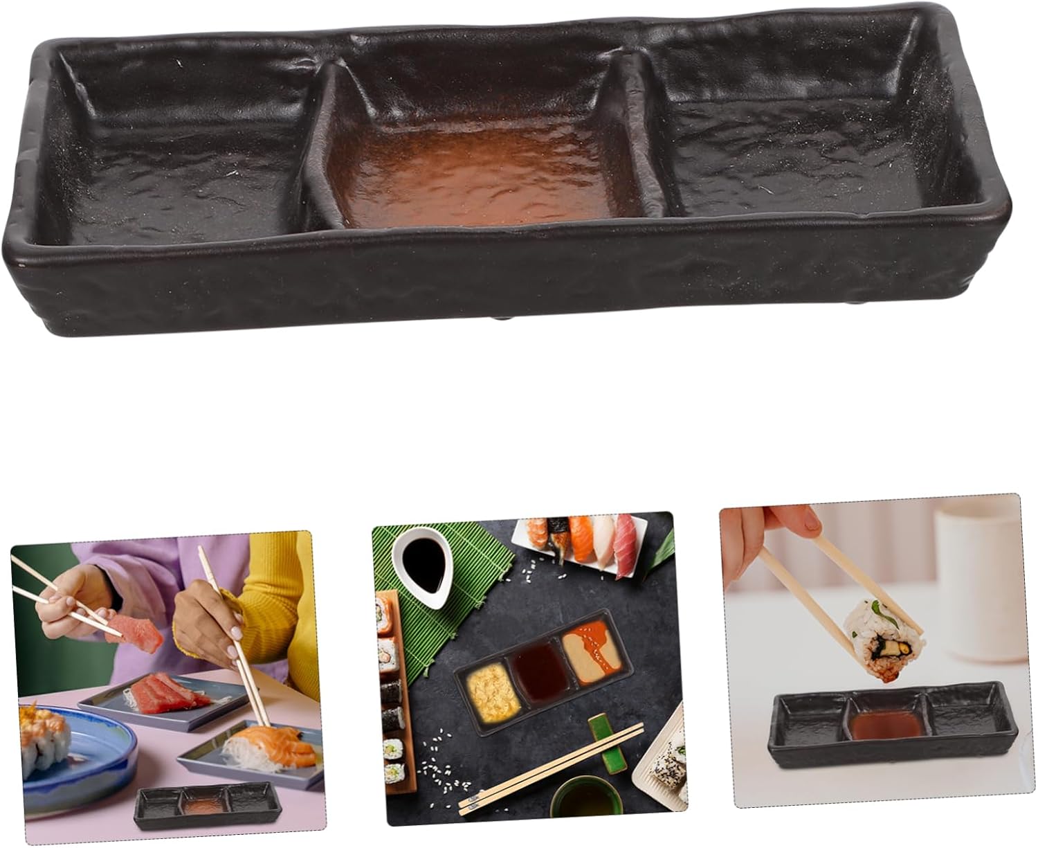 Ceramic 3-Compartment Sauce Dish – Rectangular Divided Serving Plate for Condiments, Snacks, and Appetizers 20.5×8cm
