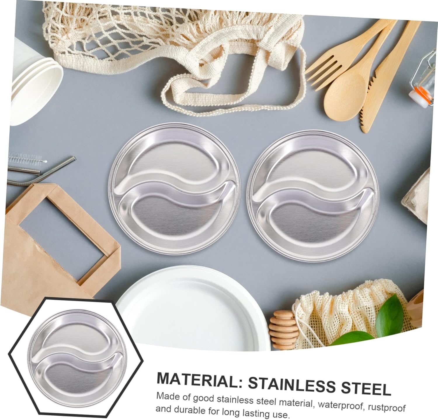 3 Pcs Stainless Steel Double-Grid Sauce Dishes – Round Divided Condiment Plates, Snack Dipping Trays, 12cm