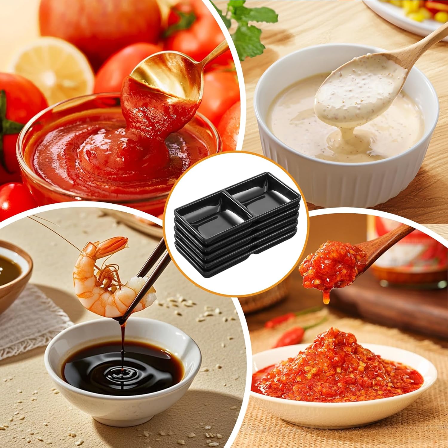 12 Pcs Black Double-Grid Sauce Dishes – Multipurpose Condiment Plates, Snack Divided Trays