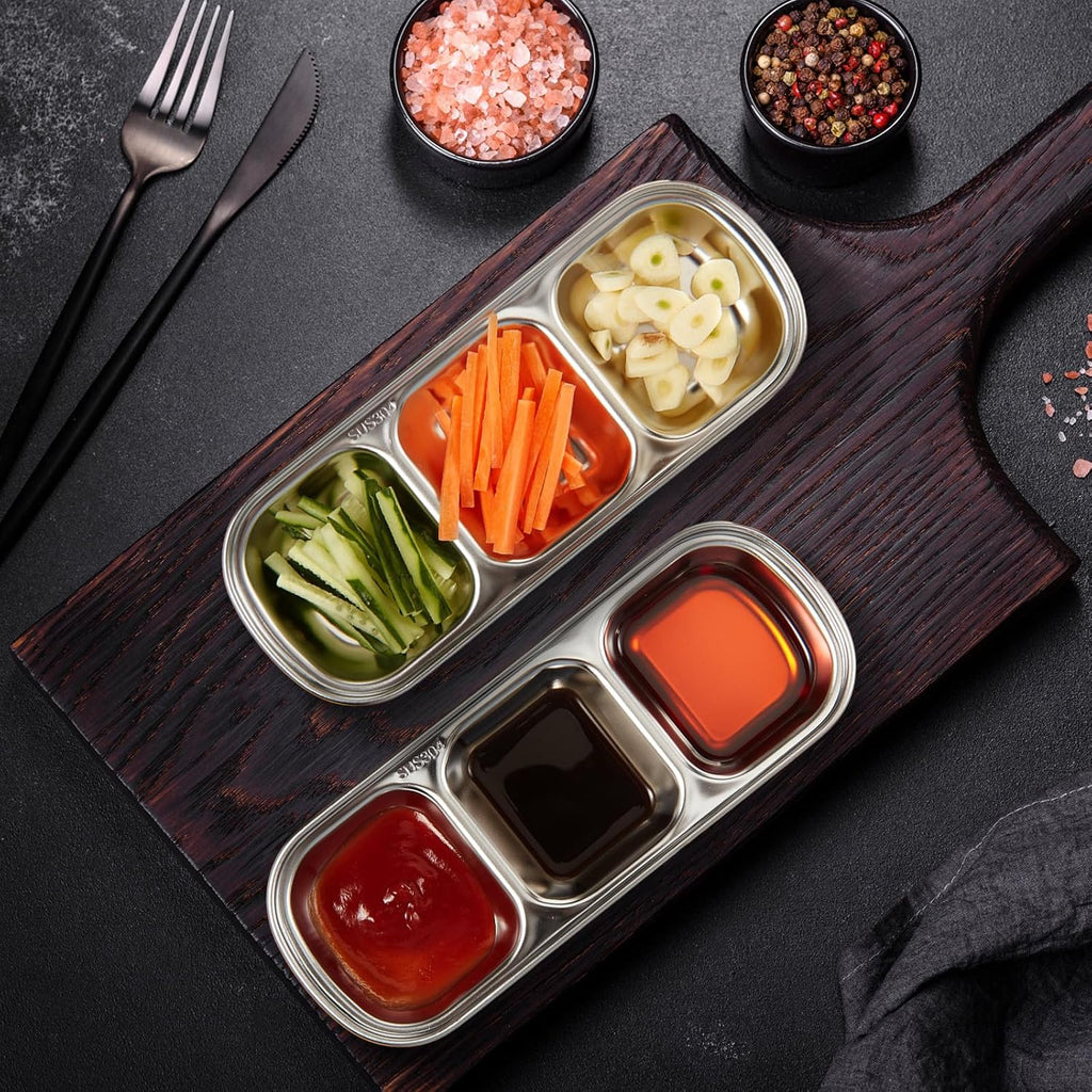 Stainless Steel Divided Sauce Dish · 3-Compartment Tray · 6 Pcs Set · For Dipping, Condiments & Snack
