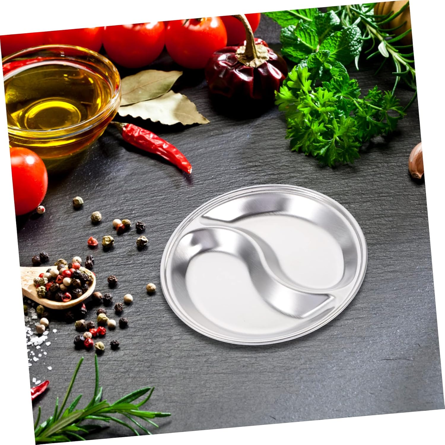 3 Pcs Stainless Steel Double-Grid Sauce Dishes – Round Divided Condiment Plates, Snack Dipping Trays, 12cm