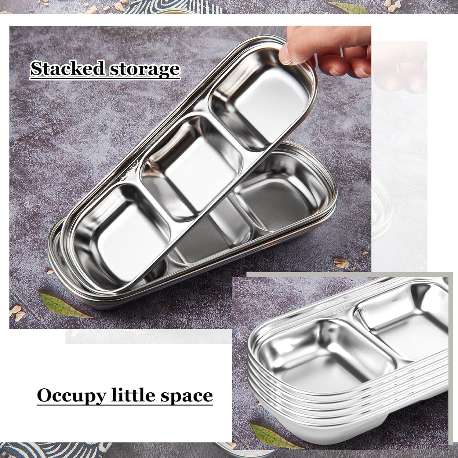 Stainless Steel Divided Sauce Dish · 3-Compartment Tray · 6 Pcs Set · For Dipping, Condiments & Snack